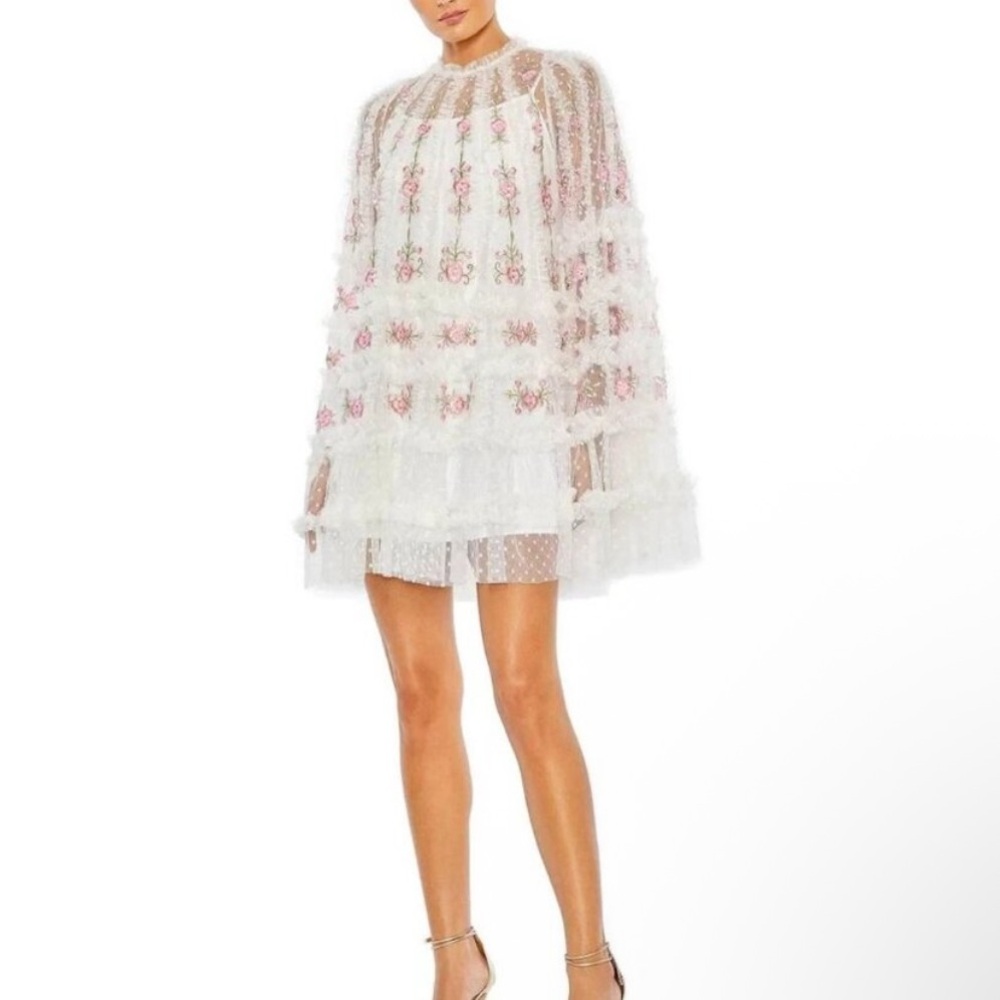 Mac Duggal White Mini Dress with Pink Floral Embroidery